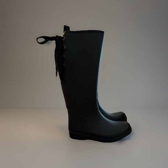 Coach Tristee Black Matte Knee High Lace Up Lined Rain Boot, Size 7, Feminine - Picture 2 of 8